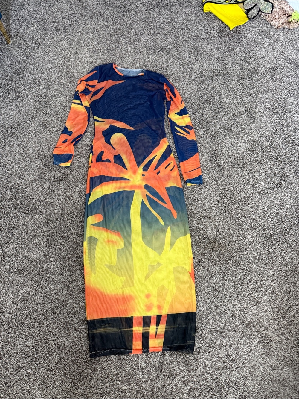 Tropical Gradient Long Sleeve Maxi Dress in Navy, Orange & Yellow